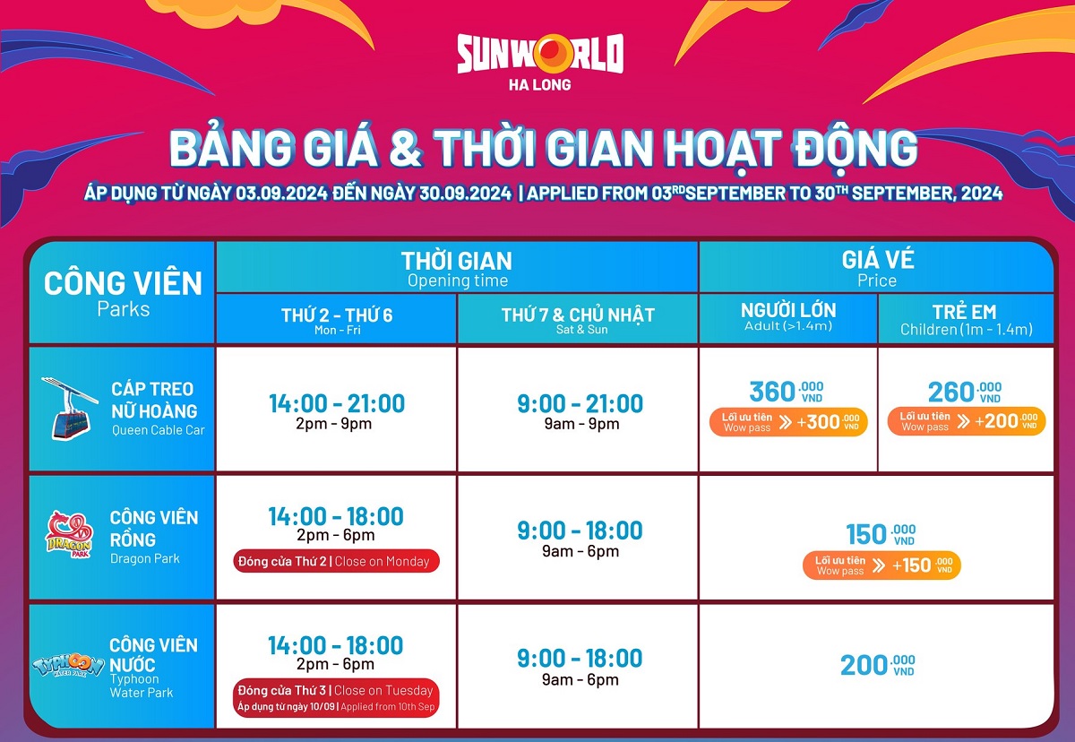 Cập nhật bảng giá vé sunworld hạ long 2024