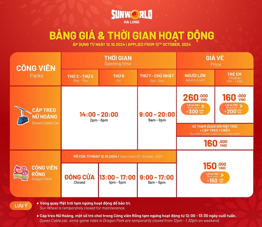 Bảng giá vé sunworld Hạ Long