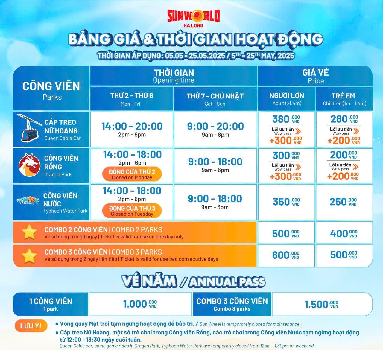 Vé Sunworld Hạ Long mới nhất. Từ ngày 05/05/2025