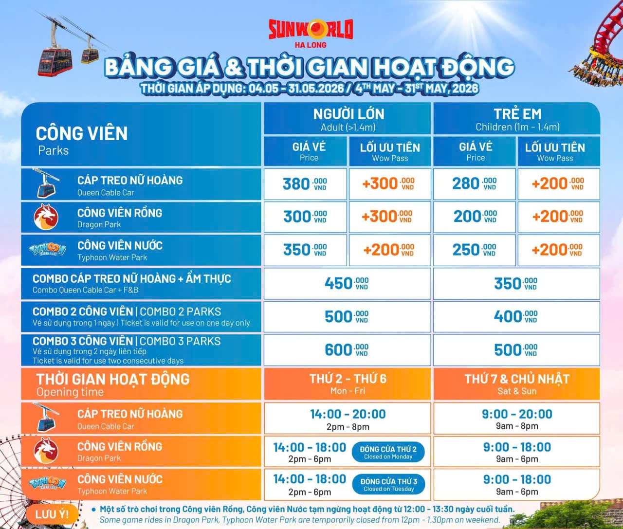 Giá vé Sun World Hạ Long tháng 5,6,7/ 2026